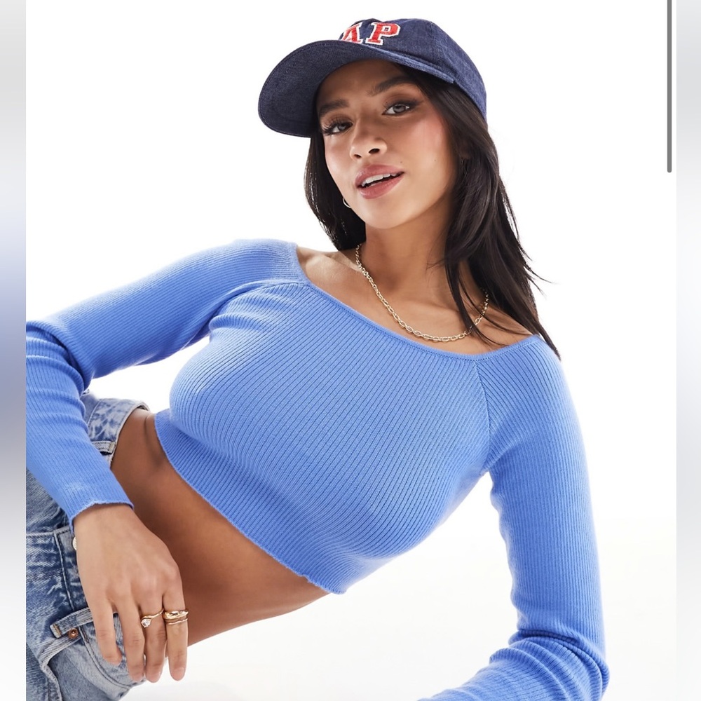 ASOS DESIGN Petite knit off shoulder bardot top in blue NWT